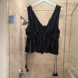 Chic Black Sleeveless Blouse with Tassel Accents